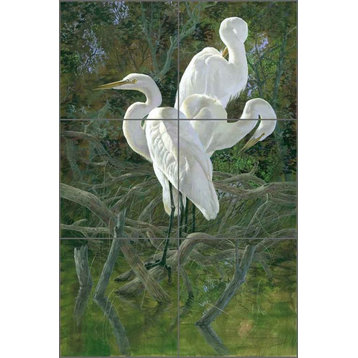 Ceramic Tile Mural Backsplash, Three Egrets by Robert Binks, 12"x18