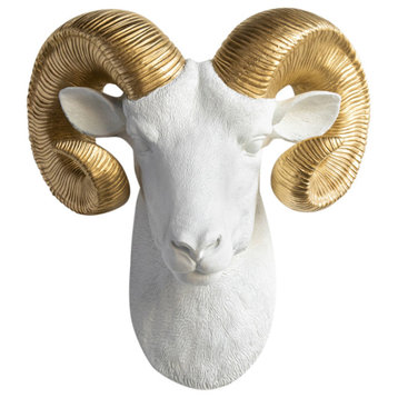 Resin Ram Head Wall Mount, White and Gold