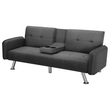 Modern Futon, Chrome Legs & Padded Seat With Drop Down Cup Holders