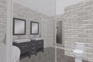 This is an example of a mid-sized modern master bathroom in Perth with a freestanding tub, a one-piece toilet, gray tile, ceramic tile, grey walls, ceramic floors, granite benchtops, grey floor and a sliding shower screen.
