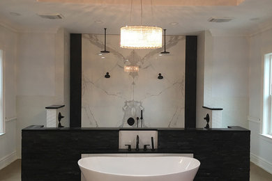 Bathroom - large contemporary master gray tile, white tile and marble tile brown floor bathroom idea in Miami with gray walls