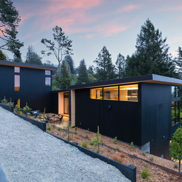 Dual-volume modern home exterior at dusk — dark vertical steel cladding, decorat