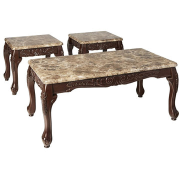 3 Pieces Coffee Table Set, Cabriole Wooden Legs With Faux Marble Top, Dark Oak