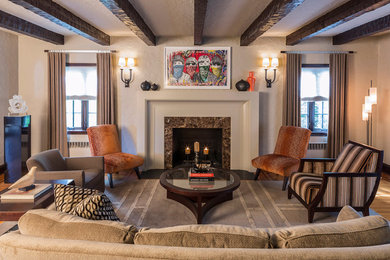 Inspiration for a large transitional open concept and formal carpeted and brown floor living room remodel in New York with a standard fireplace, a stone fireplace, beige walls and no tv
