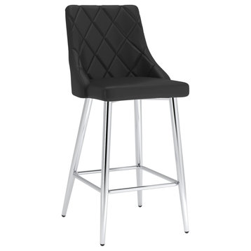 Contemporary Faux Leather/Metal 26" Counter Stool, Set of 2, Black/Chrome