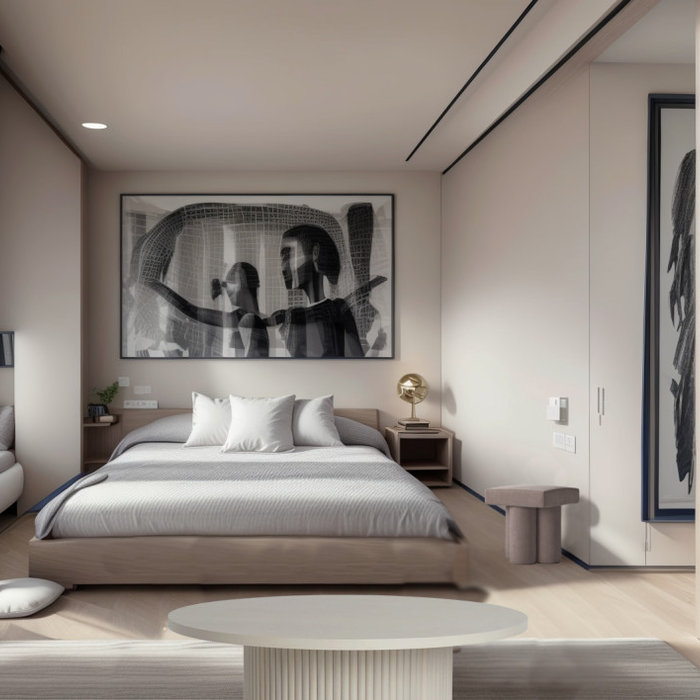 A 3D rendering for a client presentation, working on a full apartment renovation, interior design and furniture selection and procurement.