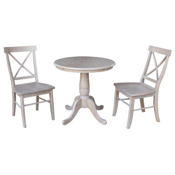30" Round Top Pedestal Table With X-Back Chairs, 3-Piece Set, Washed Gray Taupe