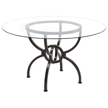 30" Round Dining Table, Clear Glass Top, Interlocked Ring Motif Legs