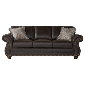 Transitional Sofa, Bun Feet With Padded Faux Leather Seat & Nailhead, Espresso
