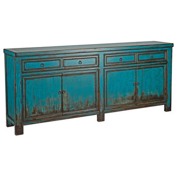 87" Asian Style Distressed Blue Sideboard Cabinet