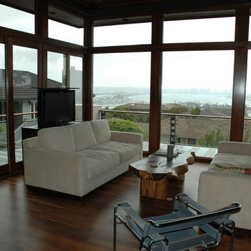 Modern TV Lift Cabinet Furniture behind couch in Miami Florida home