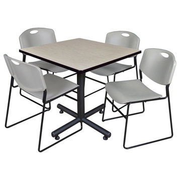 Kobe 36" Square Breakroom Table, Maple and 4 Zeng Stack Chairs, Gray