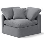 Meridian Furniture - Indulge Upholstered Modular Chair, Grey, Down Stuffed Velvet, Corner Chair - Experience ultimate comfort and style with our grey velvet Indulge Corner Chair. The luxurious velvet will elevate the aesthetic of any room. This chair provides ample space for you to relax while its modular build offers the option of unlimited configurations. Whether you're looking to add a stylish element to your living room or a comfortable seating option to your bedroom, this chair is the perfect choice.