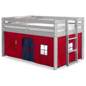 Jasper Twin Junior Loft Bed, Dove Gray Frame and Red/Blue Playhouse Tent