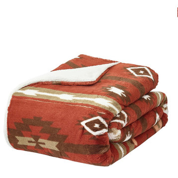 Southwest Blanket With Sherpa Backing, 90"x96", Brick Red