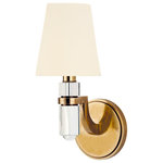 Hudson Valley Lighting - Dayton, One Light Wall Sconce, Aged Brass Finish, White Faux Silk Shade - Dayton's strong arms hold smooth crystal columns, for a look of confident glamour. The chandelier's central crystal teardrop showcases the material's pristine beauty. Softly textured tailored shades balance the sheen of Dayton's glass and metal.