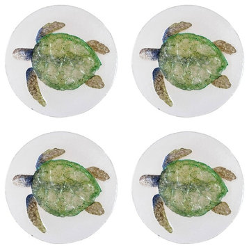 Coastal Green Sea Turtle Fused Glass 8 Inch Round Serving Plates Set of 4