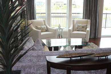 Living room - mid-sized transitional formal and open concept dark wood floor and brown floor living room idea in Calgary with no fireplace and no tv