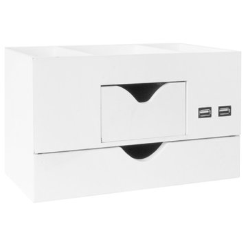American Art Decor All-in-One USB charging 5 Compartments Desk Organizer - White