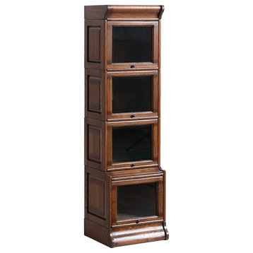 Mission Oak 4 Stack Narrow Barrister Bookcase With Leaded Glass, Walnut