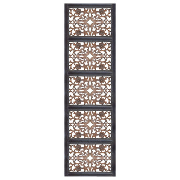 Rectangular Wall Panel With Intricate Floral Carvings, Burnt Black