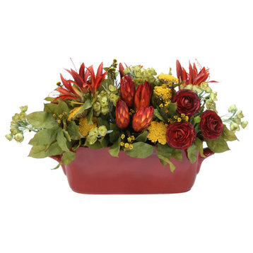 Rust Red, Gold and Green Floral in Oval Rust Planter