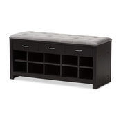 Espresso Finished Gray Fabric Upholstered Cushioned Entryway Bench