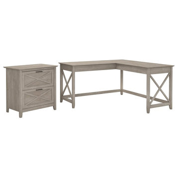 Bush Furniture Key West 60W L Shaped Desk with File Cabinet in Washed Gray