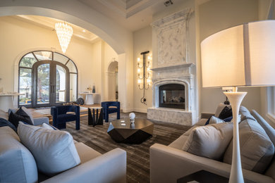 Inspiration for a contemporary formal and open concept medium tone wood floor, brown floor and wallpaper living room remodel with white walls