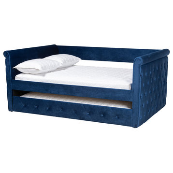 Alana Contemporary Velvet Daybed With Trundle, Navy Blue, Full