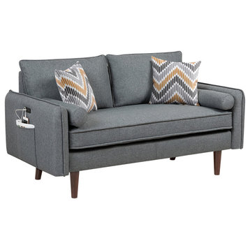 Mia Gray Linen Loveseat With Charging Ports and Pillows