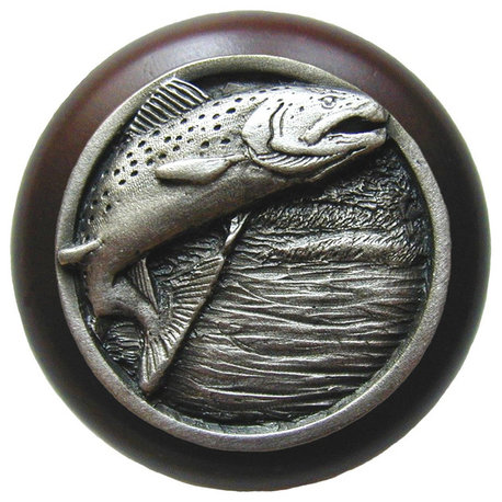 Leaping Trout Wood Knob, Antique Brass, Dark Walnut Wood Finish, Antique Pewter