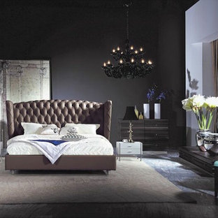 Photo of a large contemporary master bedroom in Toronto with black walls, marble floors, no fireplace and grey floor.