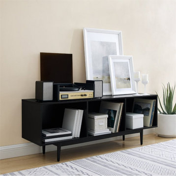 Crosley Furniture Liam Mid-Century Wood Record Storage Console Cabinet in Black