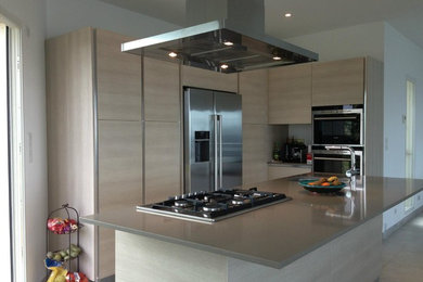 Cette image montre une cuisine design avec un plan de travail en quartz.