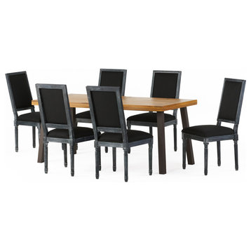 Marten Farmhouse Fabric Upholstered Wood and Cane 7 Piece Dining Set, Black + Grey + Rustic Metal + Natural Stained