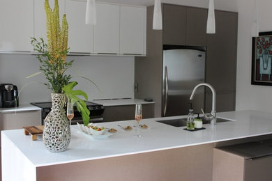 Open concept kitchen - mid-sized modern single-wall medium tone wood floor open concept kitchen idea in Montreal with an undermount sink, flat-panel cabinets, gray cabinets, quartz countertops, white backsplash, stainless steel appliances and an island