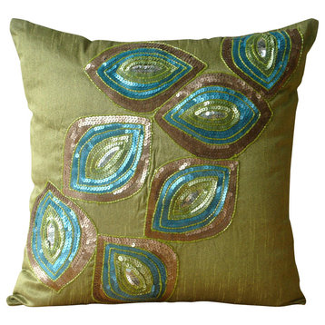 Green Art Deco Pillow Covers 20"x20" Throw Pillow Cover, Sequins Art Silk