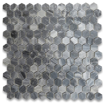 Bardiglio Gray Dark Grey Marble 1 inch Hexagon Mosaic Tile Polished, 1 sheet