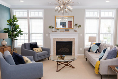 Inspiration for a mid-sized 1950s open concept carpeted and beige floor living room remodel in DC Metro with beige walls, a standard fireplace and a stone fireplace