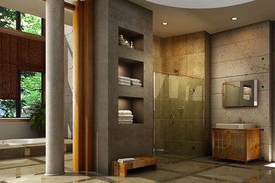 Design ideas for a large contemporary master bathroom in New Orleans with light wood cabinets, an alcove shower, brown tile, ceramic tile, ceramic floors, a vessel sink, brown floor and a hinged shower door.