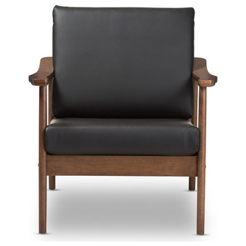 Venza Mid-Century Modern Walnut Wood Black Faux Leather Lounge Chair