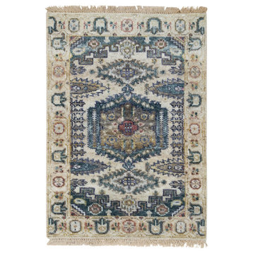 Ivory, Wool Hand Knotted, Reimagined Persian Viss Design Mat Rug, 2'x3'