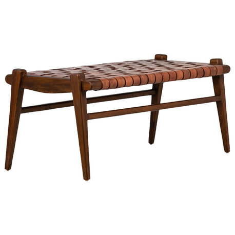 Alora 45" Teak and Natural Brown Woven Leather Bench