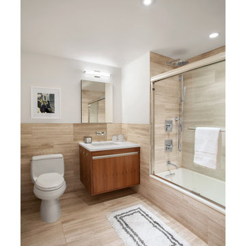 Walnut inspired bathroom with gray accessories
