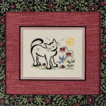 Custom made, color matched handpainted frame for a cat counted cross stitch.