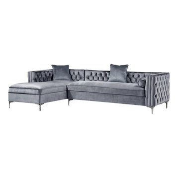 Jeannie Velvet Tufted With Nailhead Trim Sectional, Gray, Left Facing Chaise