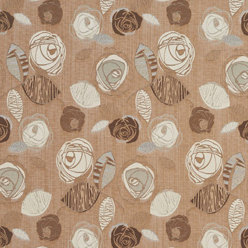 Brown and Ivory Roses Textured Metallic Upholstery Fabric By The Yard