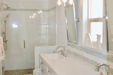 Bathroom - mid-sized coastal kids' white tile bathroom idea in Los Angeles with shaker cabinets, gray cabinets, quartz countertops and white countertops