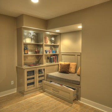 Contemporary-Rustic finished basement with reclaimed barn beams & wine room